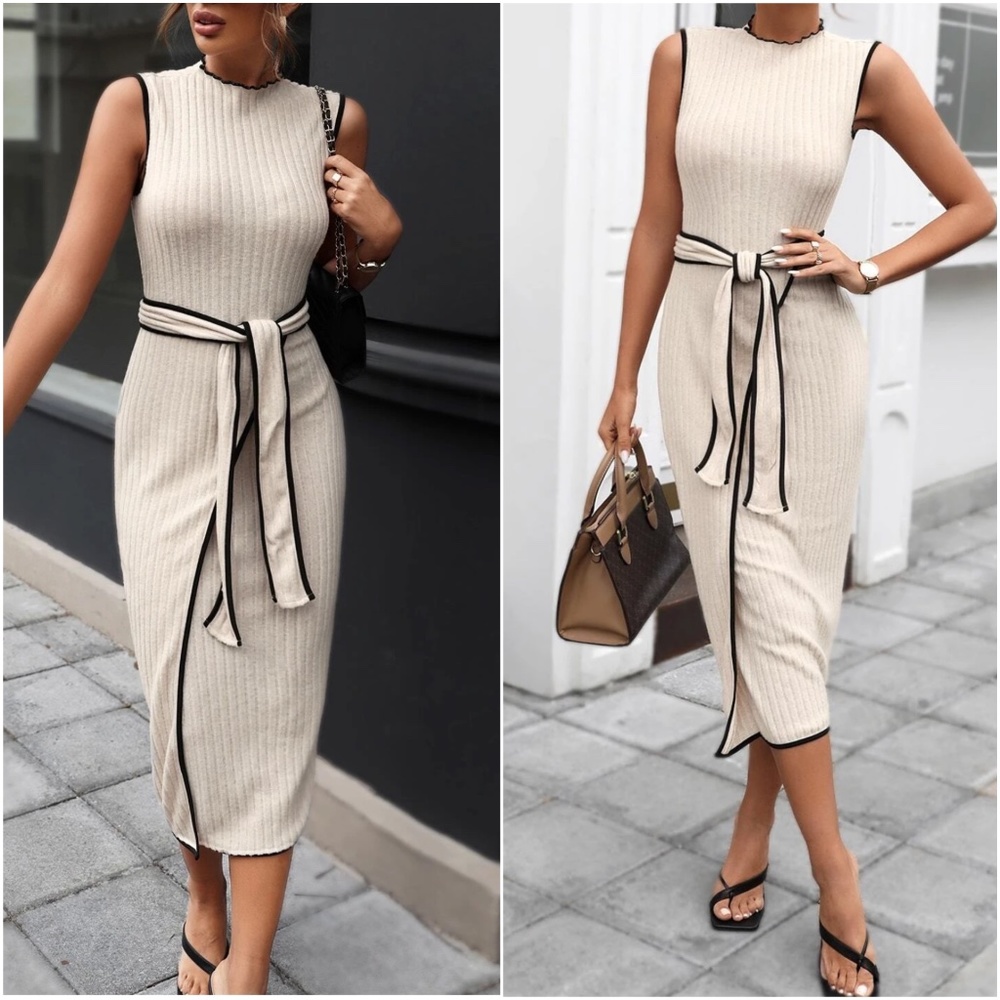06 Ribbed Sleeveless Belted Bodycon Dress - Picture 2 of 4
